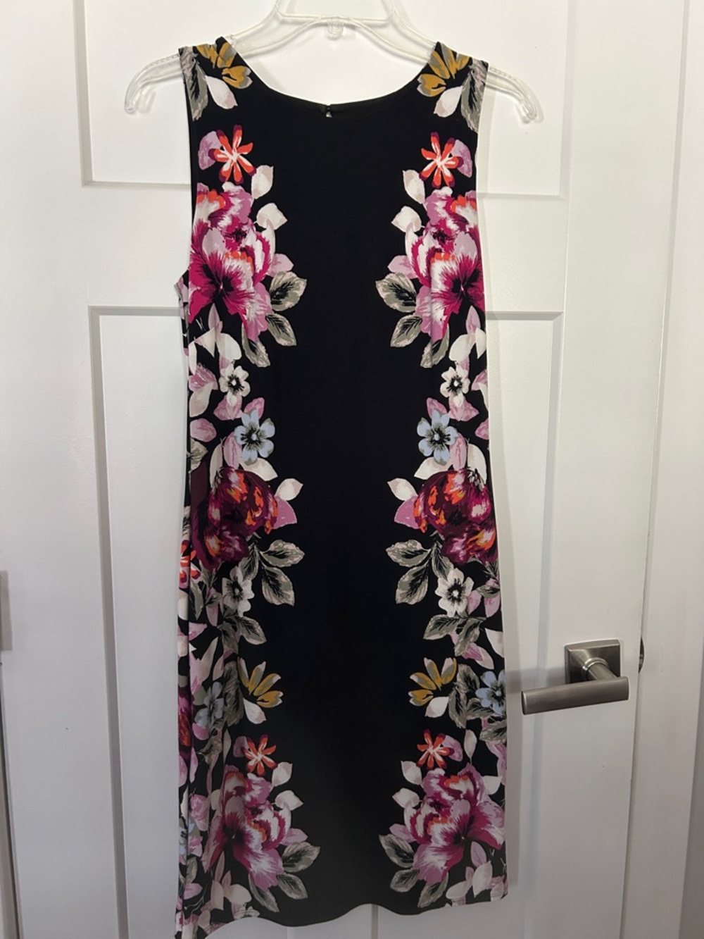 White House Black Market Black Midi Dress with Pink & White Floral Border, Lined